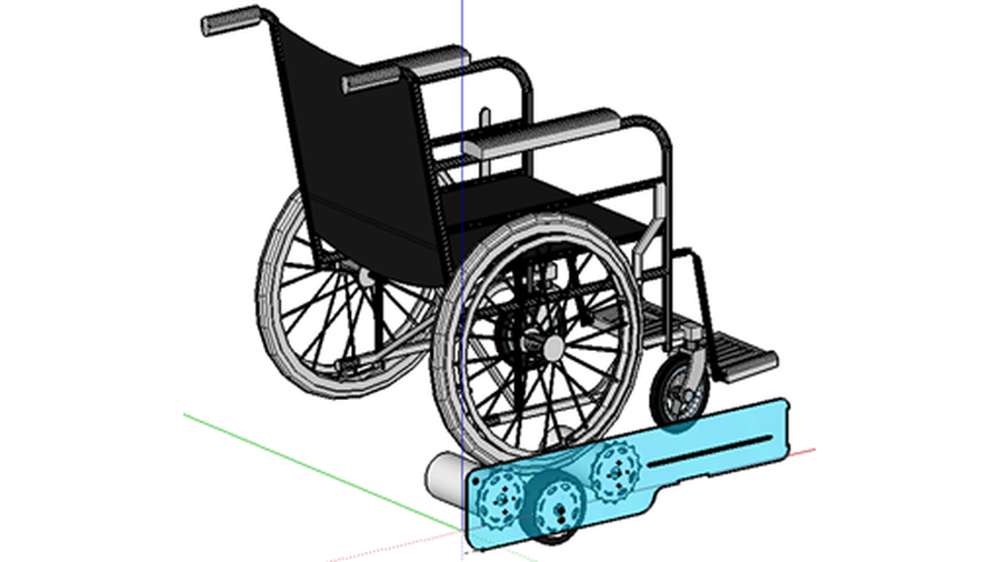 A imagem apresenta o desenho de uma cadeira de rodas com assento e encosto na cor preta. Abaixo de uma das rodas é apresentado o esquema de um sistema mecânico composto por uma chapa azul transparente e, por trás dela, duas coroas de bicicleta e uma pequena roda.