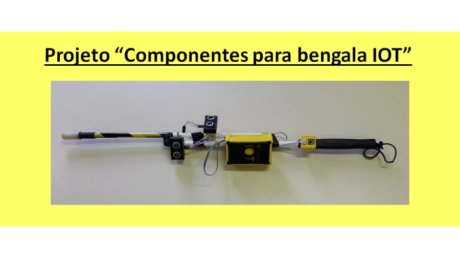 A imagem ilustra uma bengala de alumínio, acoplada com acessórios e sensores, encapsulados em receptáculos plásticos confeccionados por impressão 3D.