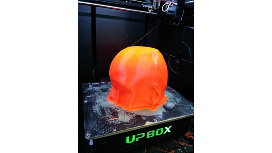 A imagem apresenta a foto do modelo plástico da cabeça dentro da impressora 3D.