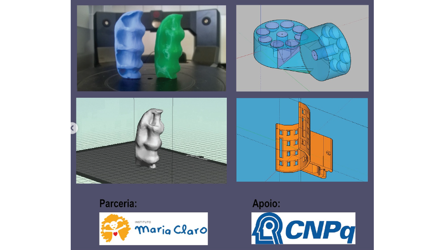 A área apresenta uma fotografia e três telas de computador. A foto   enquadra duas peças com forma de pega, sendo uma azul e outra verde. Ambas sobre uma área de digitalização de um scanner tridimensional. As outras imagens se referem a dois desenhos de peças do andador e uma imagem digitalizada  da peça na forma de pega.