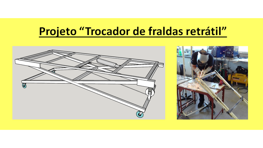 A imagem ilustra a estrutura projetual do trocador e uma pessoa trabalhando na sua montagem, num processo de soldagem da estrutura.